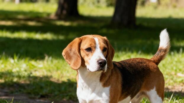 Beagle dog standing in the grass photo