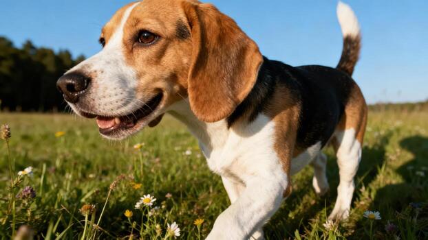 Beagle dog walking in grassy field photo