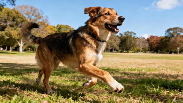 Dog running in a park photo