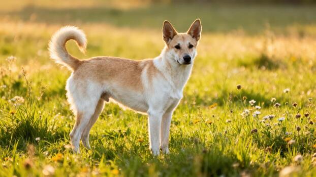 Dog standing in a grassy field photo