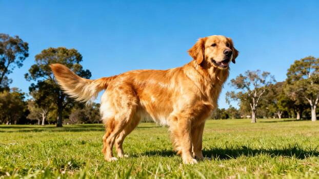 Golden retriever standing in a green field photo