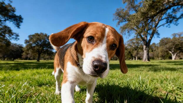 Beagle dog in a green park photo