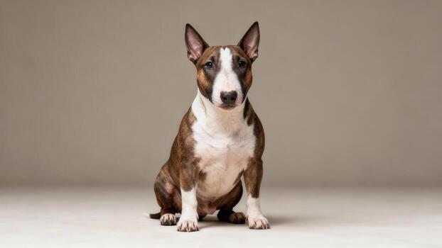 Doméstico canino compañero con marrón y blanco marcas se sienta frente a adelante en ajuste foto