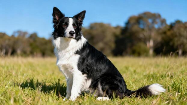 Border Collie sitting in a field photo
