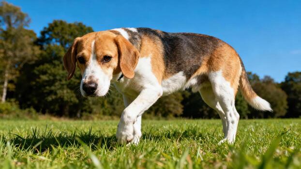 Beagle dog walking in a field photo