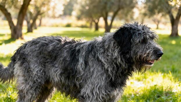 lanudo saburral canino compañero soportes atentamente en un iluminado por el sol herboso campo con arboles foto