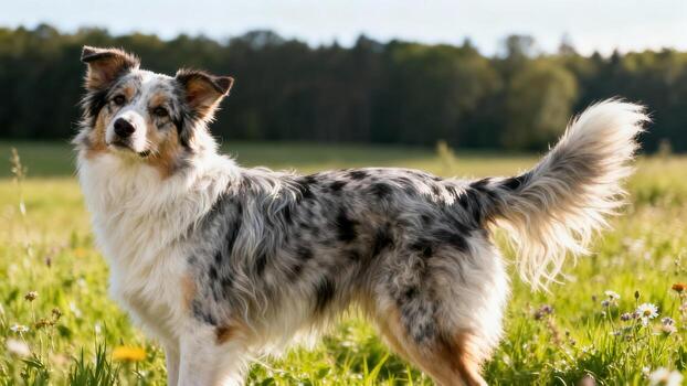 Australian Shepherd standing in a field photo