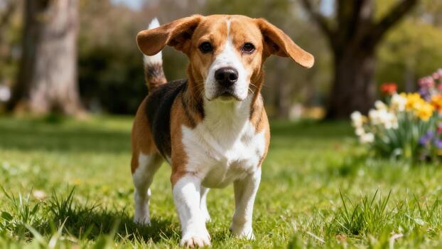 Beagle dog in a garden photo