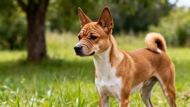 corto saburral canino con distintivo frente arrugas soportes alerta en un herboso al aire libre ajuste foto