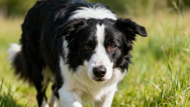Black and white Border Collie in grass photo