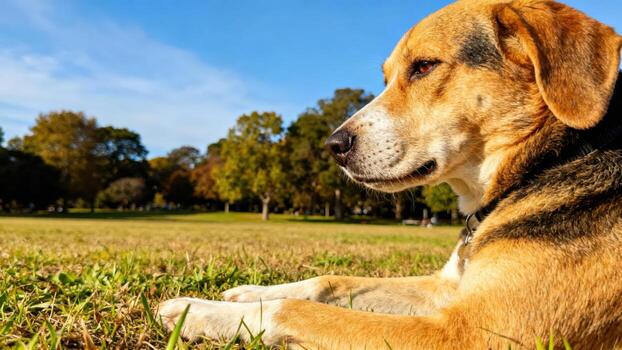 Doméstico canino descansa tranquilamente en iluminado por el sol herboso parque zona con arboles en antecedentes foto