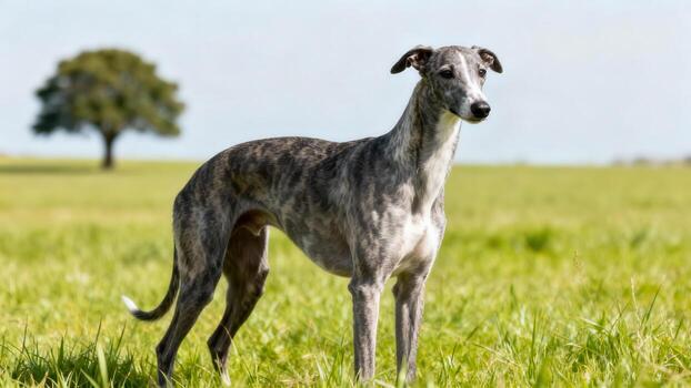 Greyhound dog in a grassy field photo