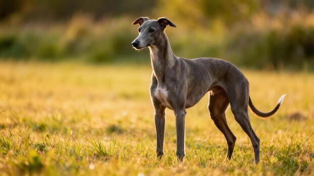 Greyhound standing in a field photo