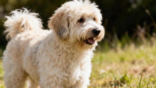 Fluffy dog standing in a sunny field photo