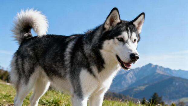 Siberian Husky in a mountain landscape photo