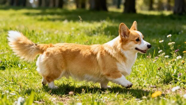 Corgi running in a green field photo