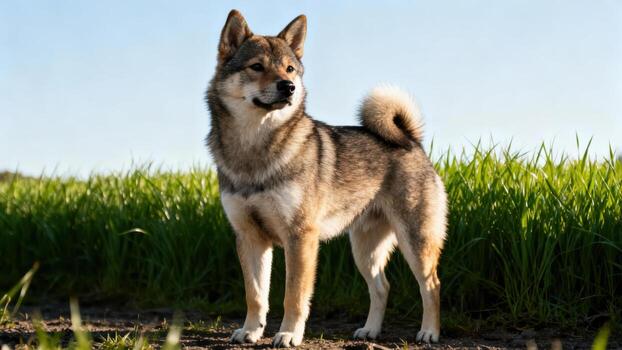 pequeño, tipo spitz perro con un rizado cola soportes atentamente en un soleado, herboso campo foto