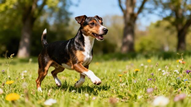 dog running in a meadow photo