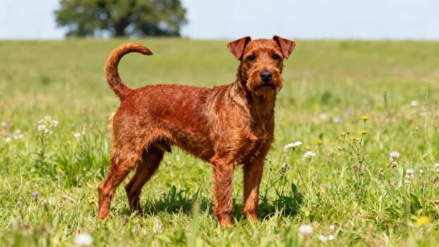 Red dog in a grassy field photo