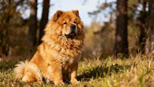 Chow Chow sitting in a forest photo