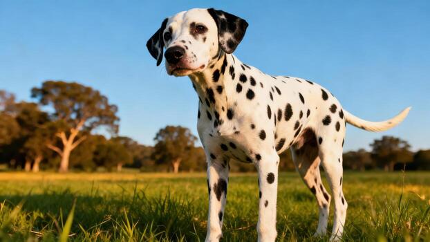 Dalmatian dog standing in a grassy field photo