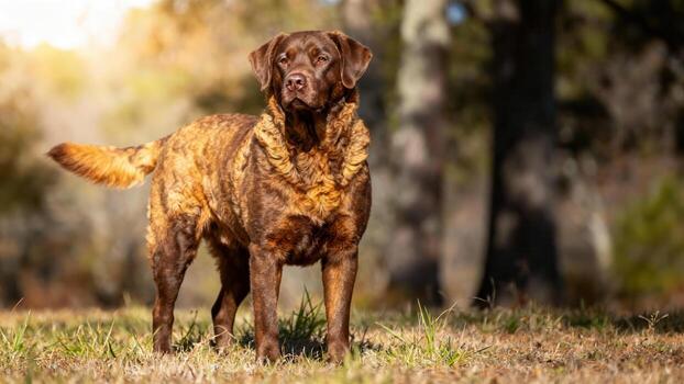 Chocolate Labrador retriever standing outdoors photo