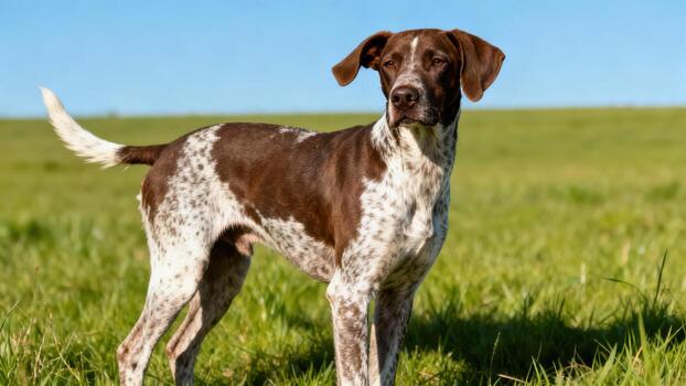 Pointer dog standing in a green field photo