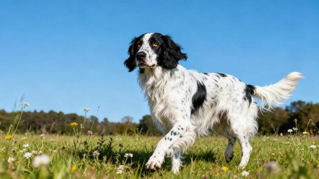 manchado negro y blanco canino Moviente mediante un soleado, abierto campo de flores silvestres foto
