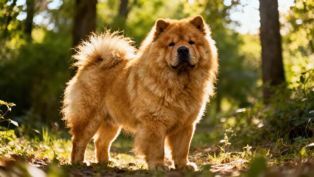 Chow Chow in a green forest photo