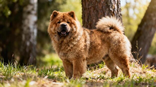 Fluffy chow chow standing in the forest photo