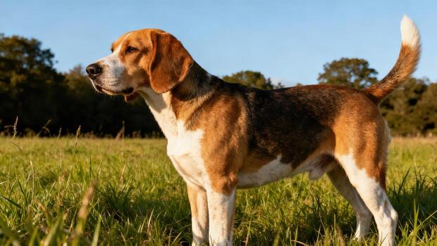 Beagle dog in a green field photo