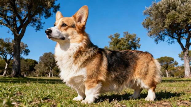Corgi standing in a green park photo