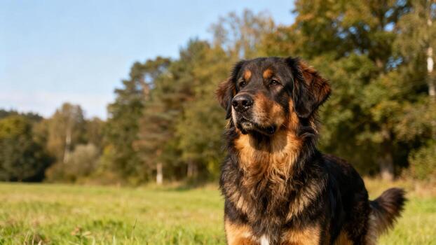 Dog in a green field photo