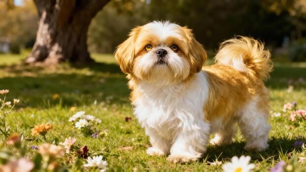 Shih Tzu puppy in a flower field photo
