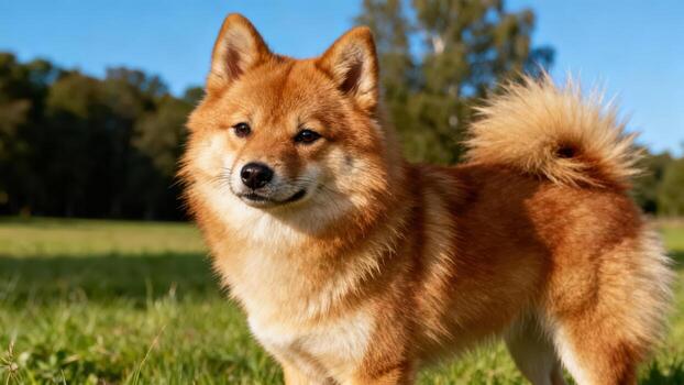 Shiba Inu standing in a grassy field photo