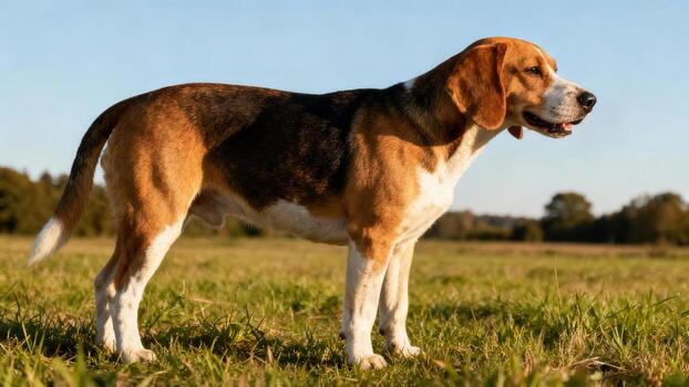 Beagle dog standing in a field photo