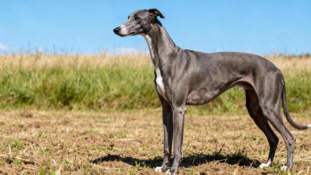 Greyhound dog in a field photo