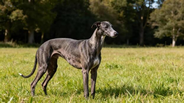 Greyhound in a green field photo