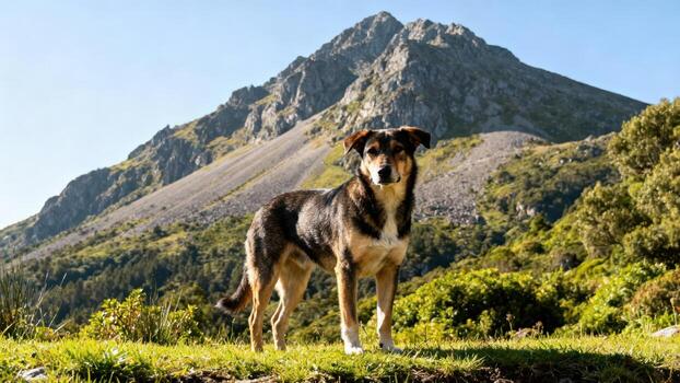 Dog in a mountain landscape photo