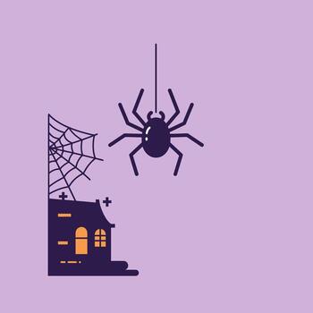 Minimalist two-tone art of a creepy spider hanging on its web, complemented by a spooky haunted house and web corner, creating a perfect Halloween ambiance and mysterious fear vector