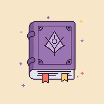 Minimalist purple spellbook illustration featuring an enigmatic symbol on its cover, representing ancient magic, arcane wisdom, and mystical practices for enchanting narratives vector
