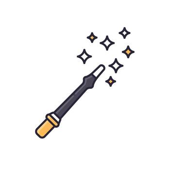 Clean minimalist icon of a magic wand with sparkling stars, representing enchantment, mystery, and fantasy spells. Simple graphic illustration for magical themes and imaginative concepts vector