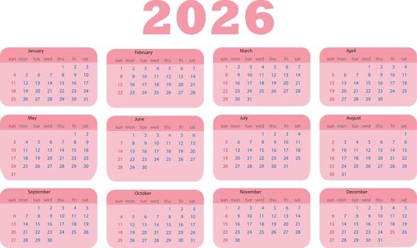 A full year calendar for 2026 with months clearly displayed vector