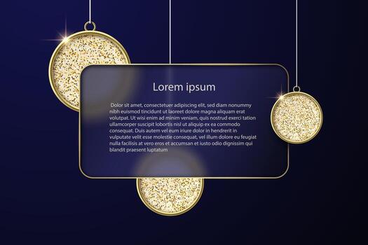 festivo vaso marco en un oscuro antecedentes con brillante dorado Navidad árbol adornos vacío espacio para tu saludo o presentación. vector