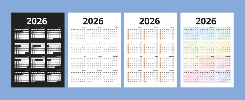 Set of 2026 calendars in dark, minimal, gradient, and pastel styles vector