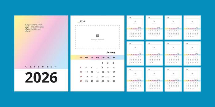 Gradient 2026 calendar with monthly photo and colorful layout vector