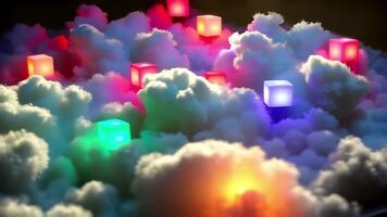 Clouds with glowing cubes floating in them video