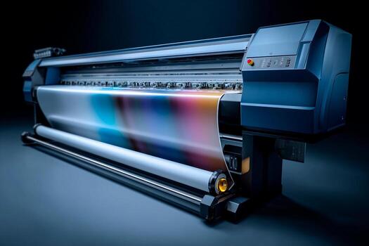 A large format printer is actively printing colorful graphics in a professional studio environment. The scene highlights the printer's intricate design and the luminous colors being produced photo