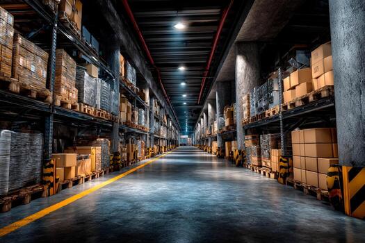 The scene shows a spacious warehouse with tall shelves stocked with boxes and pallets. Bright lights illuminate the aisles, creating an efficient and organized atmosphere photo