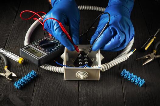 An electrician uses a tester to check the contacts in the junction box. Working environment in the master workshop photo